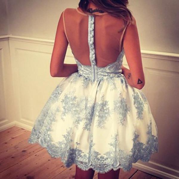 Ivory / Blue Lace Backless Short Prom Homecoming Dresses Party Gowns Cute Dress