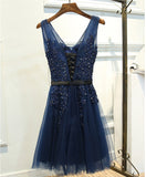 Hot Sales V Neck Navy Blue Lace Short Prom Dress Homecoming Dresses Party Gowns