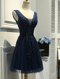 Hot Sales V Neck Navy Blue Lace Short Prom Dress Homecoming Dresses Party Gowns