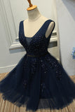 Hot Sales V Neck Navy Blue Lace Short Prom Dress Homecoming Dresses Party Gowns