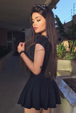 Short Sleeves Black Lace 2 Pieces Mini Length Prom Homecoming Dresses Party Dress