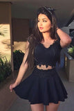 Short Sleeves Black Lace 2 Pieces Mini Length Prom Homecoming Dresses Party Dress