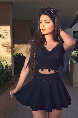 Short Sleeves Black Lace 2 Pieces Mini Length Prom Homecoming Dresses Party Dress
