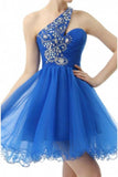 Charming One Shoulder Royal Blue Beadings Short Prom Homecoming Dresses Party Gowns