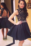 High Neck Open Back Black Lace Short Prom Homecoming Dress Cocktail Dresses