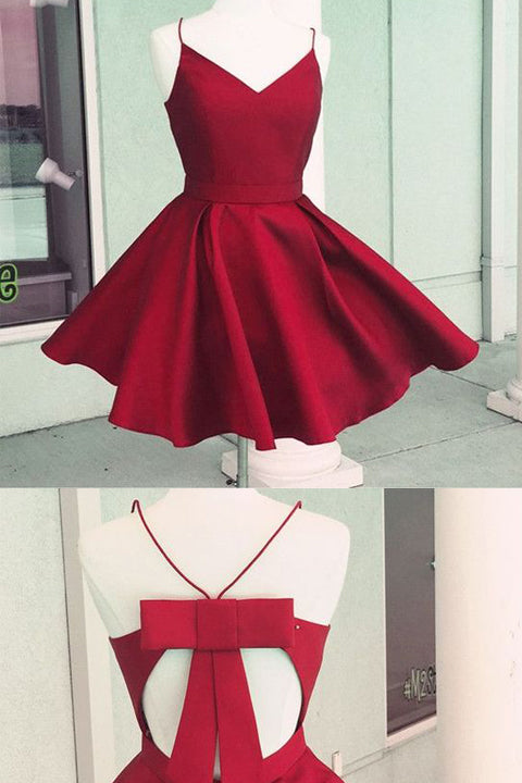 Open Back Spaghetti Straps Burgundy Bow Homecoming Dresses Prom Cute Dress