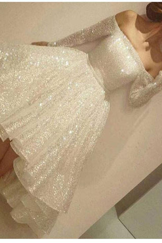 Shiny Ivory Sequin Long Sleeves Hi-lo Sexy Prom Dresses Homecoming Dress Party Gowns