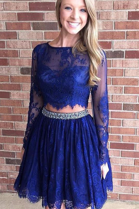 Two Pieces Long Seeves Royal Blue Lace Short Prom Dress Homecoming Dresses Party Gowns