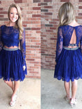 Two Pieces Long Seeves Royal Blue Lace Short Prom Dress Homecoming Dresses Party Gowns