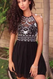 Open Back Halter Beading Black Short Prom Gowns Homecoming Dresses Party Dress