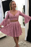 Horn Long Sleeves 2 Piece Lace Mini Length Prom Homecoming Dress Party Gowns