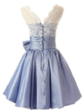 Ivory Lace Light Blue Back V Short Prom Dress Homecoming Dresses Party Gowns With Bow
