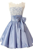 Ivory Lace Light Blue Back V Short Prom Dress Homecoming Dresses Party Gowns With Bow