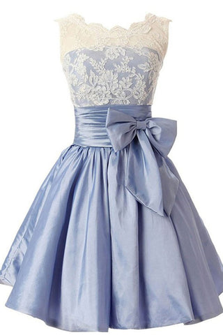 Ivory Lace Light Blue Back V Short Prom Dress Homecoming Dresses Party Gowns With Bow