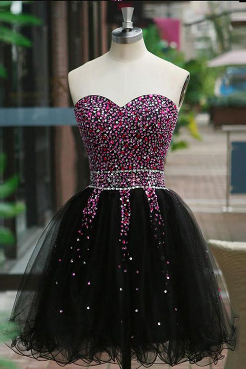A Line Black Tulle Beads Short Prom Cute Dresses Homecoming Dress Party Gowns