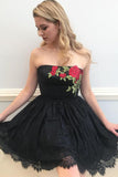 New Arrival Strapless Black Lace Appliques Homecoming Dress Short Prom Dresses Party Gowns