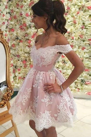 Off the Shoulder White Lace Pink Homecoming Dresses Short Prom Gowns Party Dress
