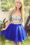 Two Pieces Royal Blue Chiffon Sexy Homecoming Dresses Short Prom Dress Party Gowns