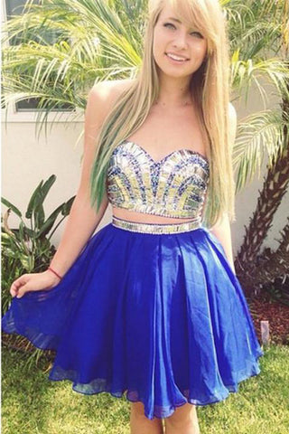 Two Pieces Royal Blue Chiffon Sexy Homecoming Dresses Short Prom Dress Party Gowns