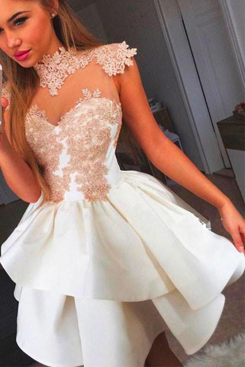 High Neck Lace Ivory Tiered Skirt Short Prom Cute Dress Homecoming Dresses Party Gowns