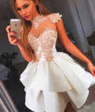 High Neck Lace Ivory Tiered Skirt Short Prom Cute Dress Homecoming Dresses Party Gowns