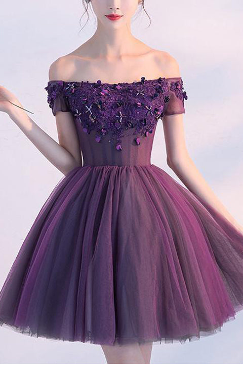 Sexy Grape Lace Tulle Short Sleeves Homecoming Dresses Prom Cute Dress Party Gowns