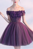 Sexy Grape Lace Tulle Short Sleeves Homecoming Dresses Prom Cute Dress Party Gowns