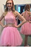 Hot Pink Lace Two Piece Open Back Homecoming Dress Short Prom Cute Dresses Party
