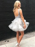 Backless Silver Grey Lace Tiered Skirt Homecoming Dresses Cute Dress Prom Gowns