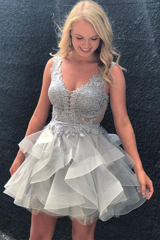 Backless Silver Grey Lace Tiered Skirt Homecoming Dresses Cute Dress Prom Gowns