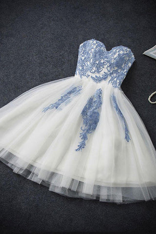 Hot Sales Sweetheart Light Blue Lace Ivory Tulle Homecoming Dresses Short Prom Cute Dress