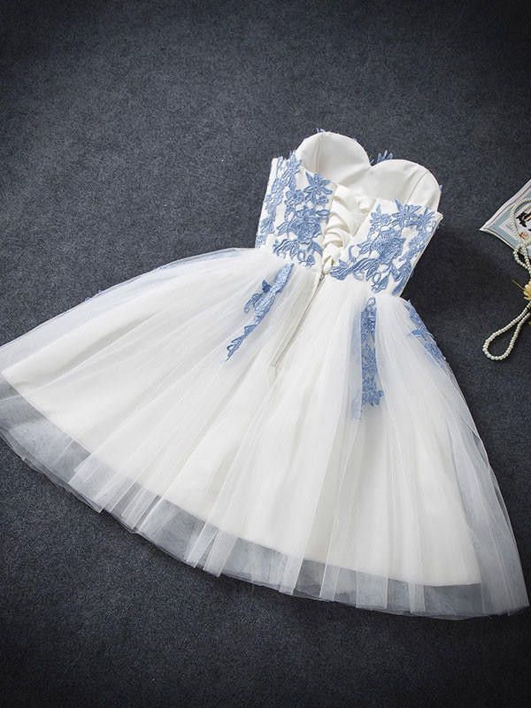 Hot Sales Sweetheart Light Blue Lace Ivory Tulle Homecoming Dresses Short Prom Cute Dress