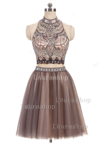New Arrival High Neck 2 Pieces Backless Homecoming Dresses Short Prom Cute Dress Party Gowns