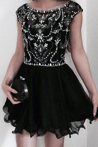 Black Cap Sleeves Crystals Back V Short Homecoming Dresses Prom Dress Party Gowns