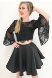 New 2 Pieces Black Lace Horn Sleeves Backless Short Homecoming Dress Prom Cute Dresses