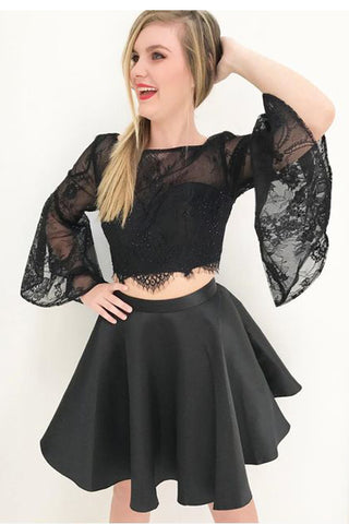 New 2 Pieces Black Lace Horn Sleeves Backless Short Homecoming Dress Prom Cute Dresses