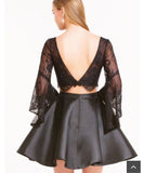 New 2 Pieces Black Lace Horn Sleeves Backless Short Homecoming Dress Prom Cute Dresses