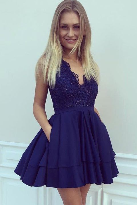 Off the Shoulder V Neck Dark Blue Lace Homecoming Dress Short Prom Cute Dresses Party Gowns