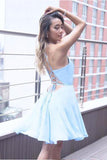 Sexy Open Back Light Blue Mini Length Homecoming Dress Prom Cute Dresses Party Gowns