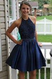 Halter Beaded Navy Blue Homecoming Dresses Short Prom Cute Dress Party Gowns