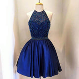 Halter Beaded Navy Blue Homecoming Dresses Short Prom Cute Dress Party Gowns