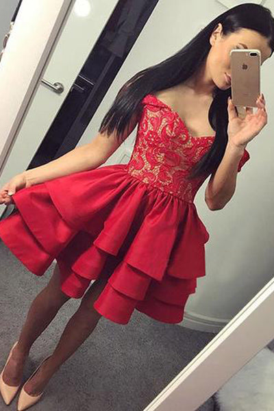 Red Lace Tiered Skirt Off the Shoulder Homecoming Dress Short Prom Dresses Party Gowns