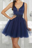 Off the Shoulder V Neck Dark Blue Tulle Homecoming Dresses Short Prom Cute Dress