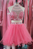 2 Pieces Cute Dresses Hot Pink Halter Homecoming Dress Short Prom Party Gowns