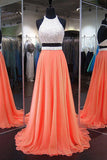 2 Pieces Backless Halter Orange Prom Dresses Evening Dress Prom Gowns Party Dress