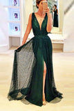 Fashion Off the Shoulder V Neck Green Lace Silt Prom Dresses Party Gowns Evening Dress