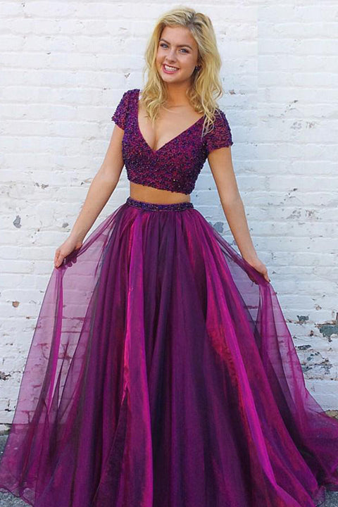 Two Pieces Short Sleeves V Neck Purple Prom Dress Party Gowns Evening Dresses
