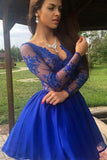Long Sleeves Royal Blue Lace See Through Homecoming Dresses Short Prom Dress Party Gowns