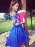 Long Sleeves Royal Blue Lace See Through Homecoming Dresses Short Prom Dress Party Gowns