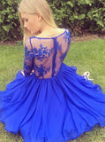 Long Sleeves Royal Blue Lace See Through Homecoming Dresses Short Prom Dress Party Gowns